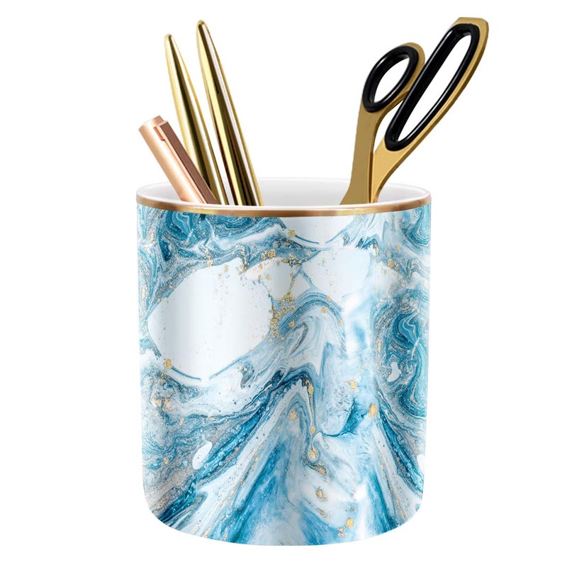 WAVEYU Pen Pencil Holder for Desk, Marble Desk Decor Organizer, Durable Ceramic Pencil Cup Holder Marble Design Makeup Cups for Brushes for Office, Classroom, Blue - Image 1